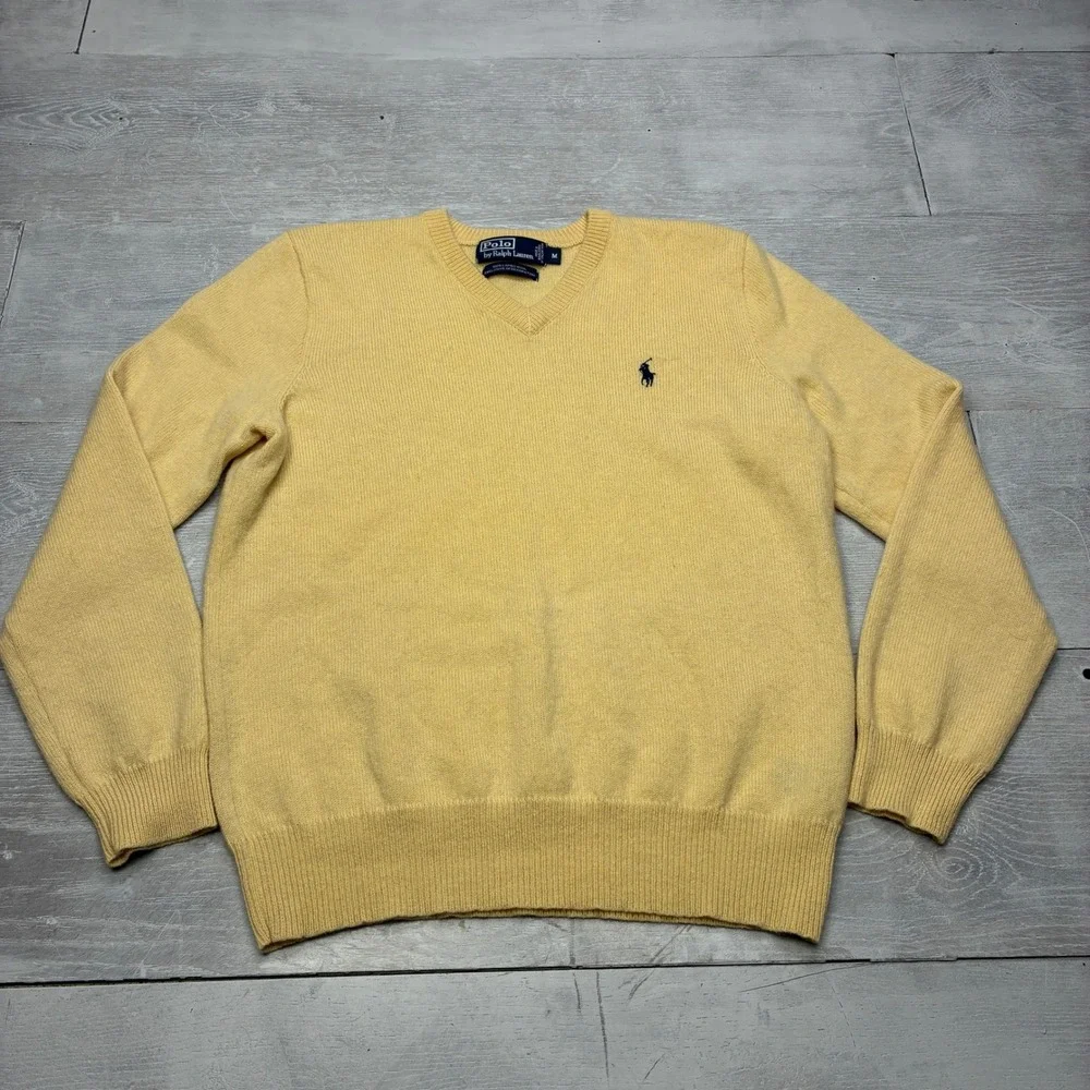 Polo Ralph Lauren V-Neck Sweater Mens Medium Yellow Lambswool Italian Yarn Pony